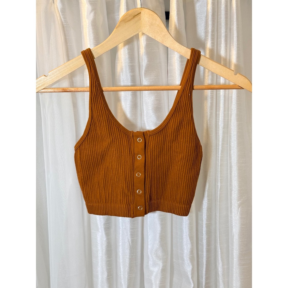 Aerie Ribbed Snap Front Crop Top Womens XS Brown Rust Sleeveless Knit Tank